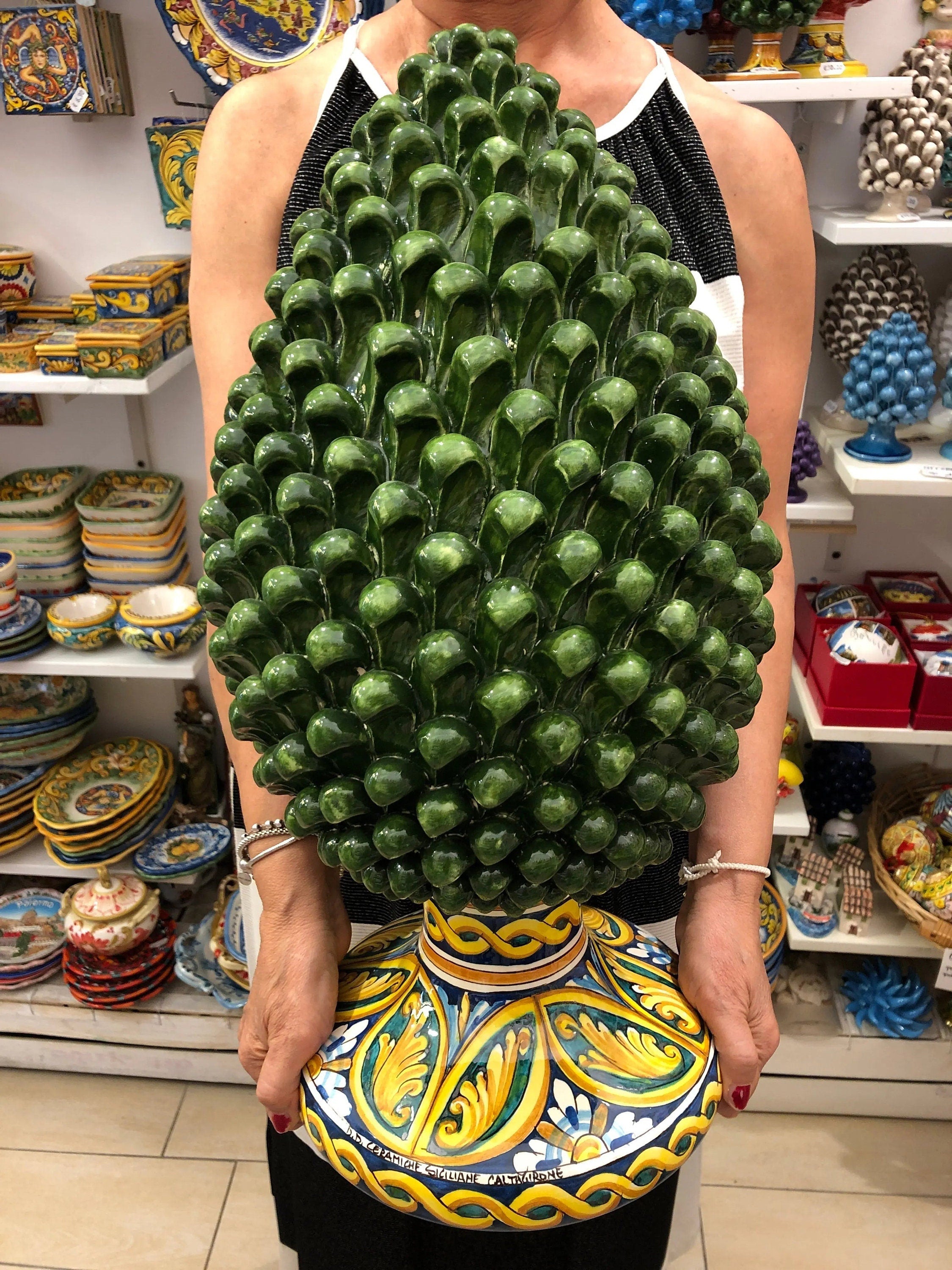 Pigna Ceramica Caltagirone cm H.50 Artigianale Verde Prato Base Decorata DD CERAMICHE SICILIANE