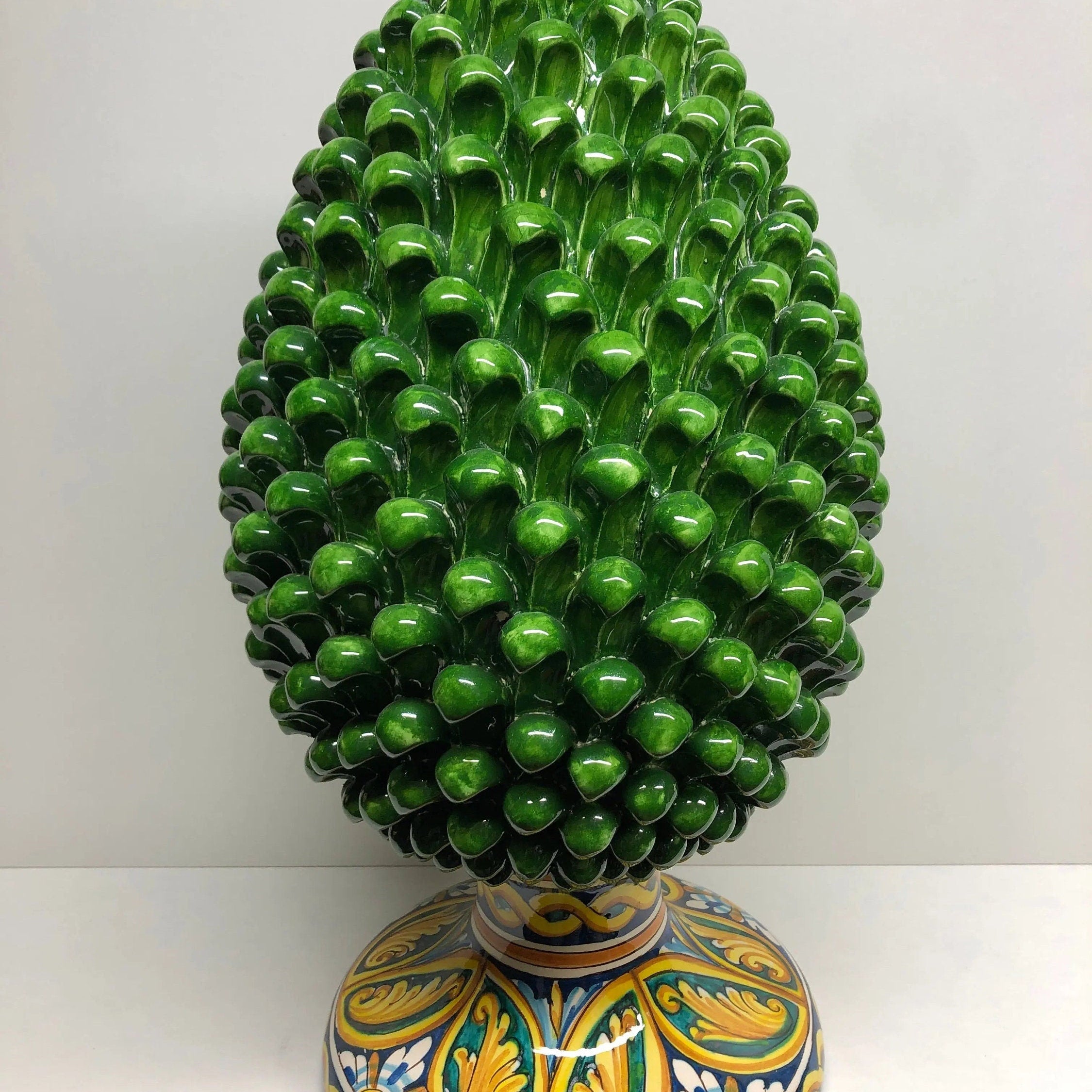 Pigna Ceramica Caltagirone cm H.50 Artigianale Verde Prato Base Decorata DD CERAMICHE SICILIANE