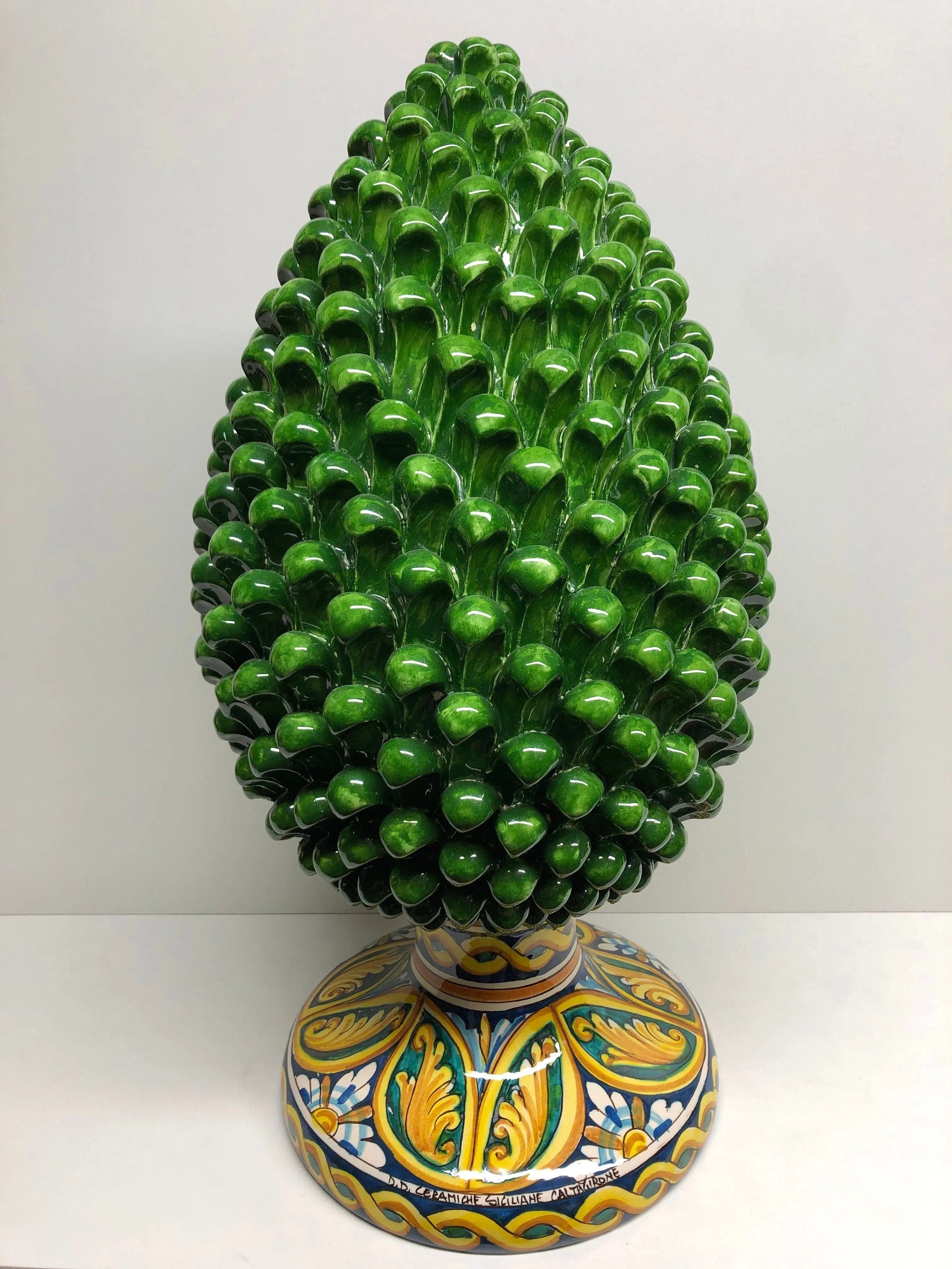 Pigna Ceramica Caltagirone cm H.50 Artigianale Verde Prato Base Decorata DD CERAMICHE SICILIANE