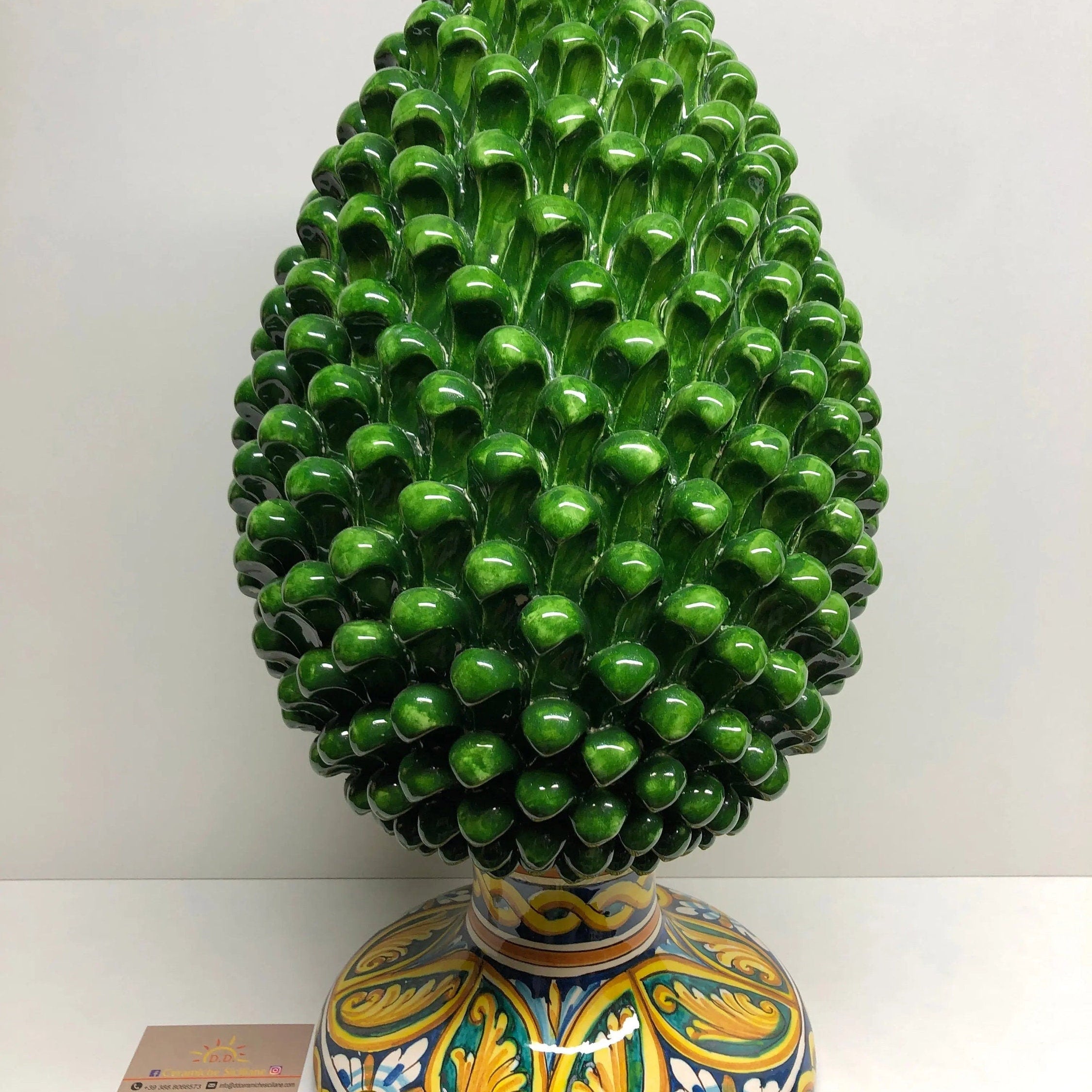 Pigna Ceramica Caltagirone cm H.50 Artigianale Verde Prato Base Decorata DD CERAMICHE SICILIANE