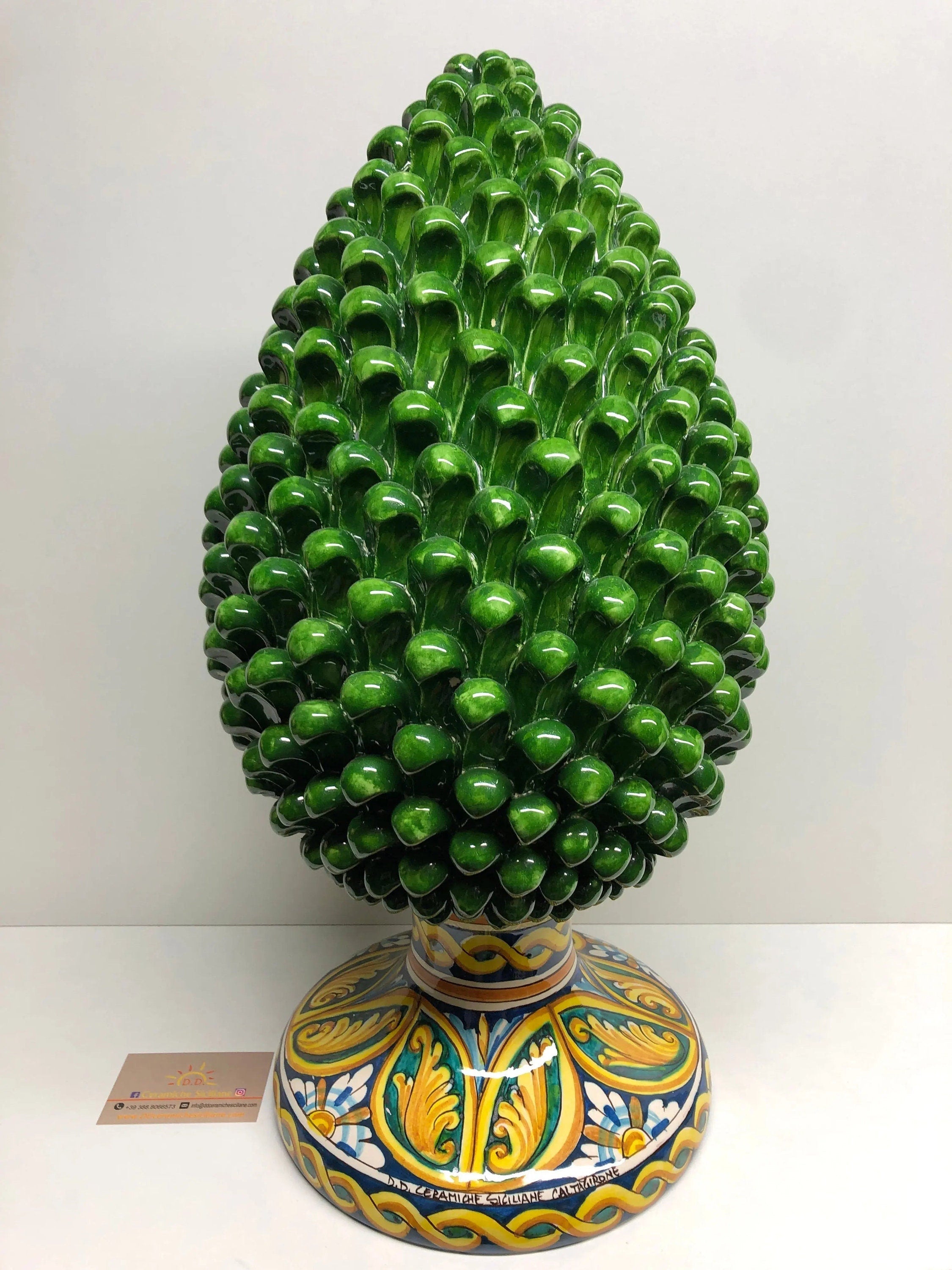 Pigna Ceramica Caltagirone cm H.50 Artigianale Verde Prato Base Decorata DD CERAMICHE SICILIANE