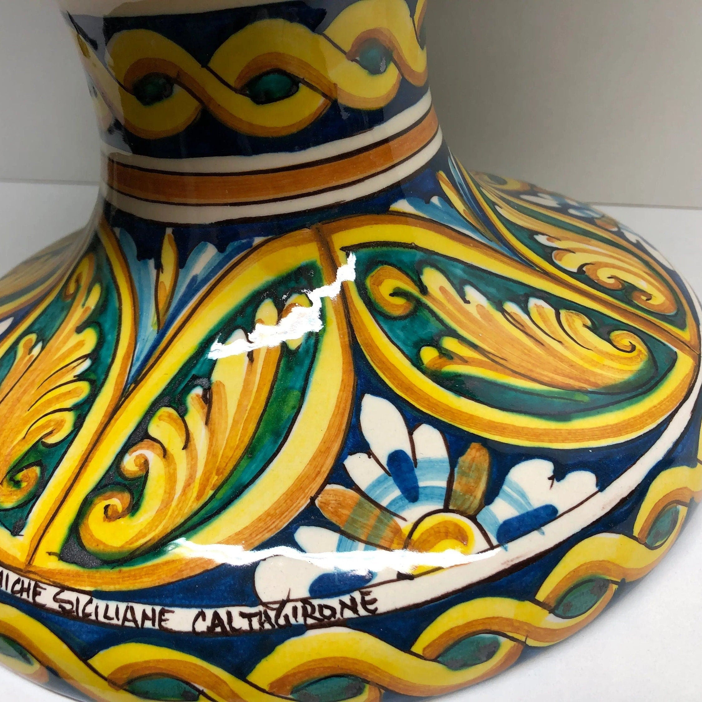 Pigna Ceramica Caltagirone cm H.50 Artigianale Verde Prato Base Decorata DD CERAMICHE SICILIANE