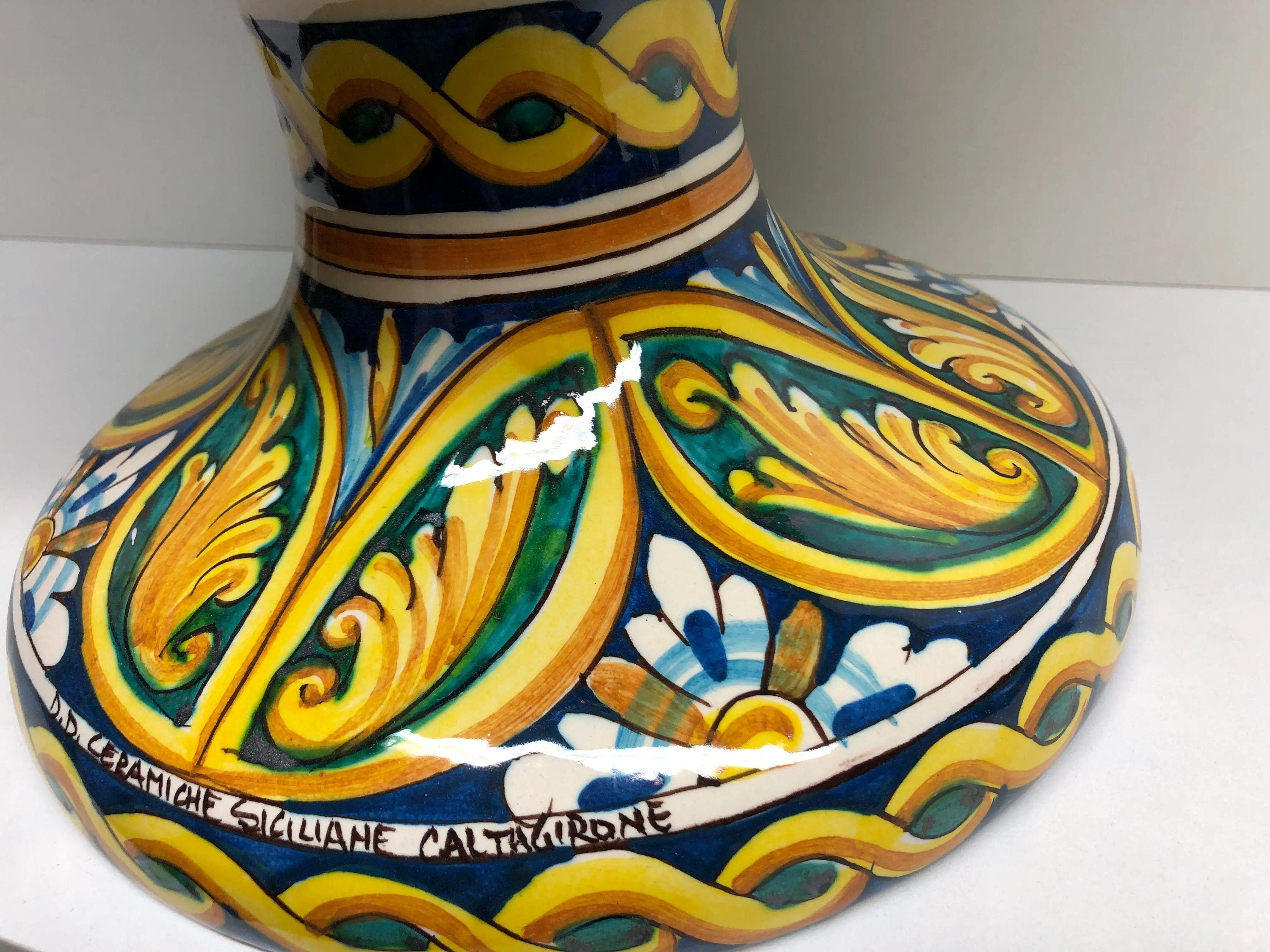 Pigna Ceramica Caltagirone cm H.50 Artigianale Verde Prato Base Decorata DD CERAMICHE SICILIANE