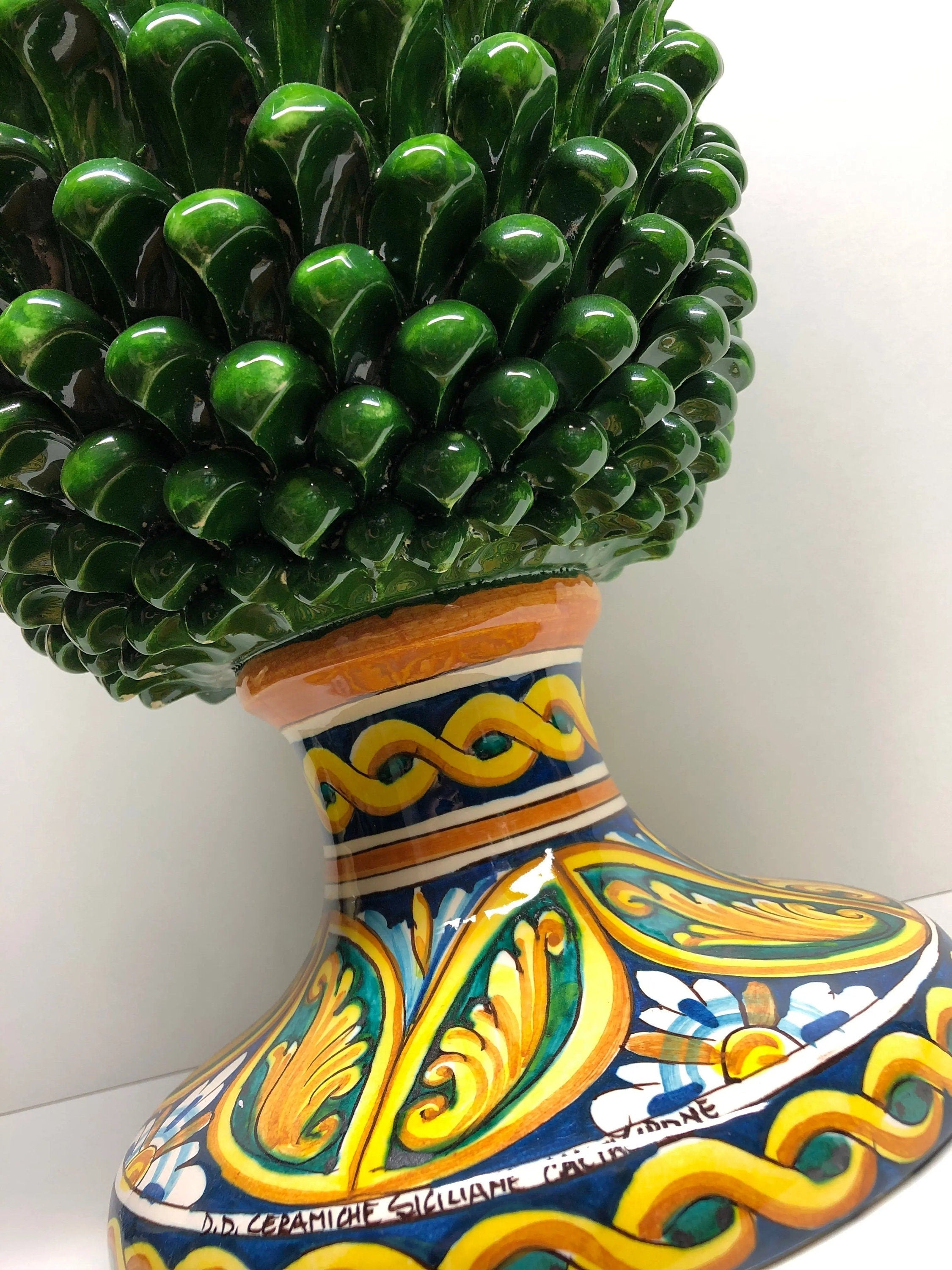 Pigna Ceramica Caltagirone cm H.50 Artigianale Verde Prato Base Decorata DD CERAMICHE SICILIANE