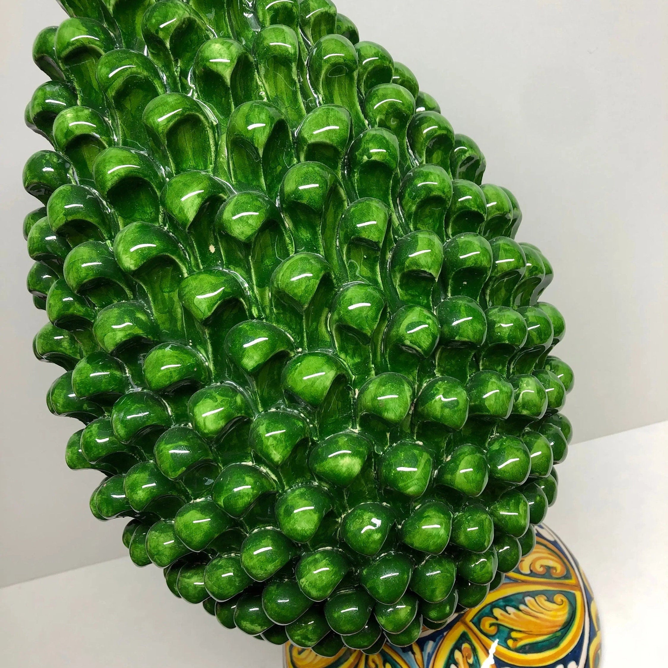 Pigna Ceramica Caltagirone cm H.50 Artigianale Verde Prato Base Decorata DD CERAMICHE SICILIANE