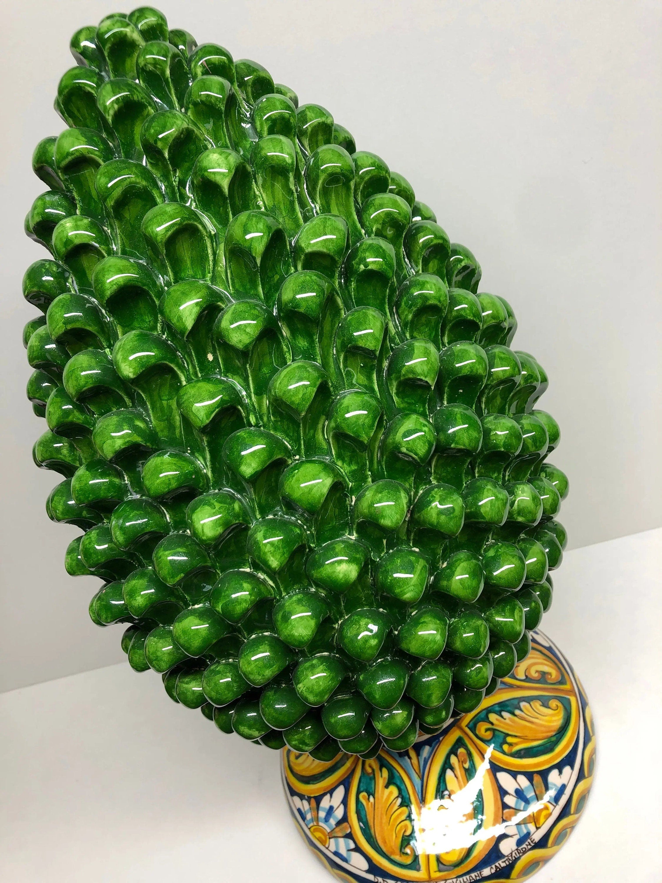 Pigna Ceramica Caltagirone cm H.50 Artigianale Verde Prato Base Decorata DD CERAMICHE SICILIANE
