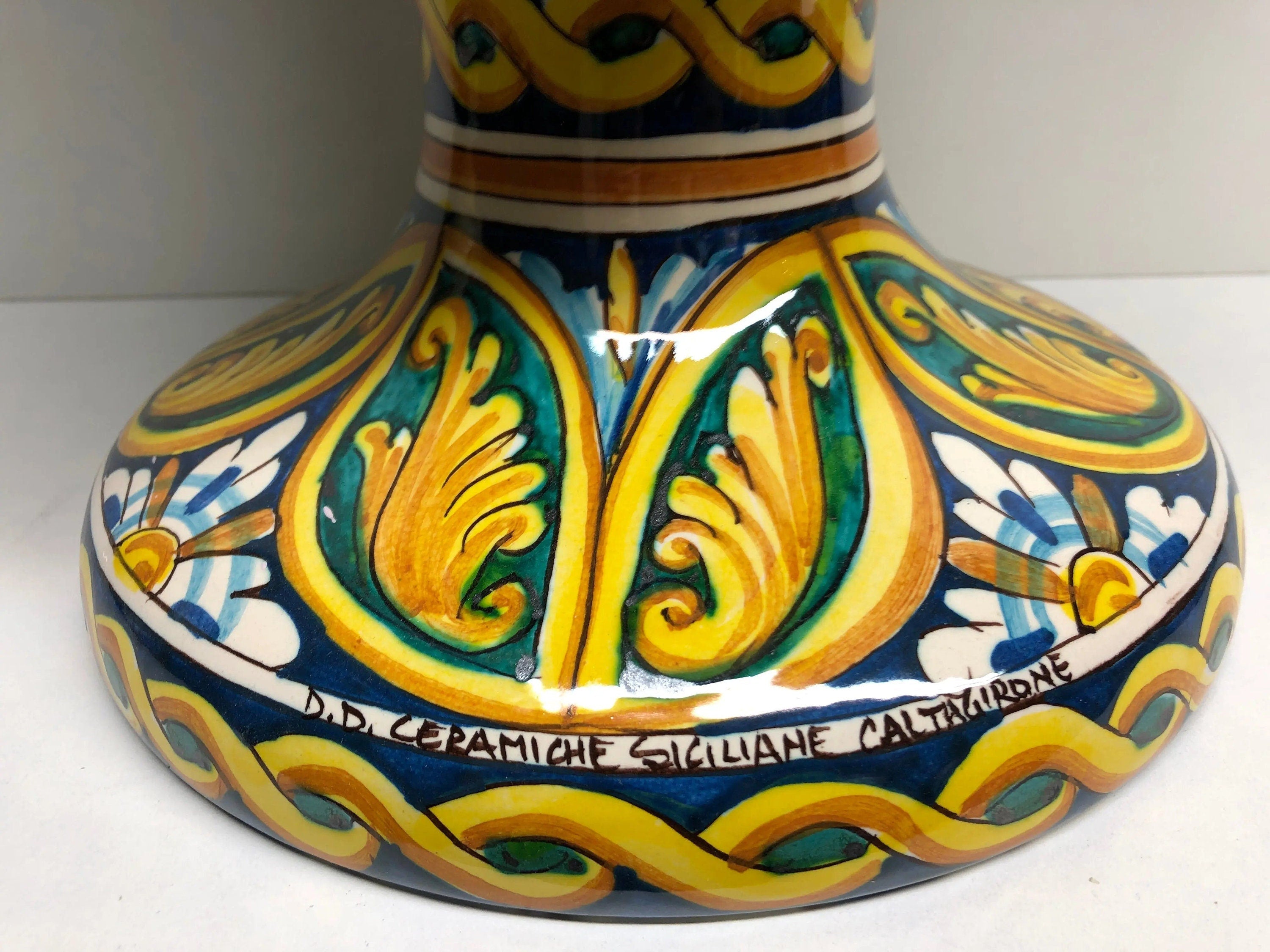 Pigna Ceramica Caltagirone cm H.50 Artigianale Verde Prato Base Decorata DD CERAMICHE SICILIANE