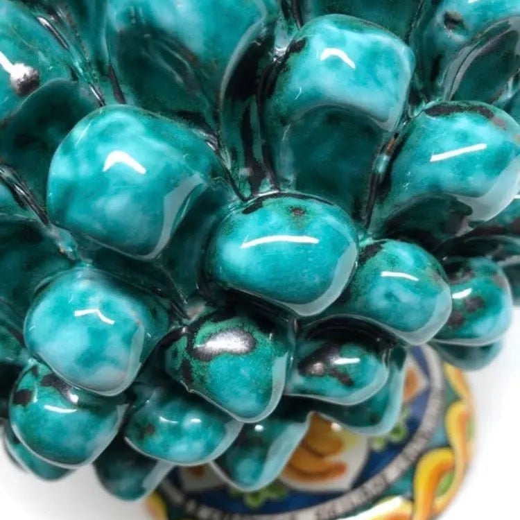 Portavaso Mezza Pigna Ceramica Caltagirone cm H.20 L.20 Artigianale Verde Acqua Base Decorata DD CERAMICHE SICILIANE