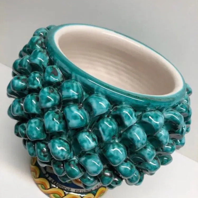 Portavaso Mezza Pigna Ceramica Caltagirone cm H.20 L.20 Artigianale Verde Acqua Base Decorata DD CERAMICHE SICILIANE