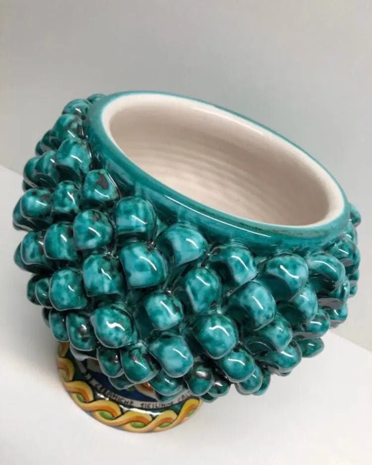 Portavaso Mezza Pigna Ceramica Caltagirone cm H.20 L.20 Artigianale Verde Acqua Base Decorata DD CERAMICHE SICILIANE