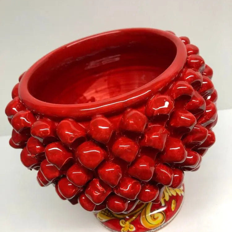 Portavaso Mezza Pigna Ceramica Caltagirone cm H.20 L.20 Artigianale Rosso Base Decorata Giglio DD CERAMICHE SICILIANE