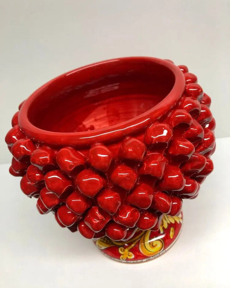 Portavaso Mezza Pigna Ceramica Caltagirone cm H.20 L.20 Artigianale Rosso Base Decorata Giglio DD CERAMICHE SICILIANE