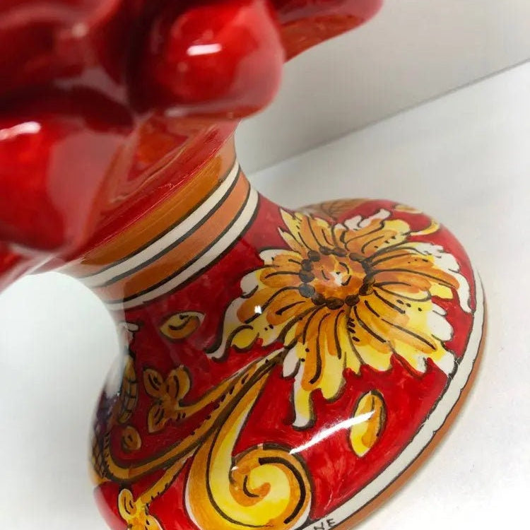 Portavaso Mezza Pigna Ceramica Caltagirone cm H.20 L.20 Artigianale Rosso Base Decorata Giglio DD CERAMICHE SICILIANE