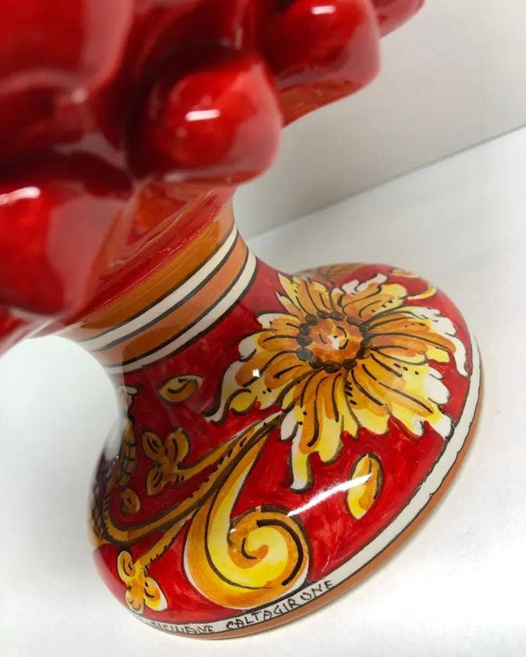 Portavaso Mezza Pigna Ceramica Caltagirone cm H.20 L.20 Artigianale Rosso Base Decorata Giglio DD CERAMICHE SICILIANE