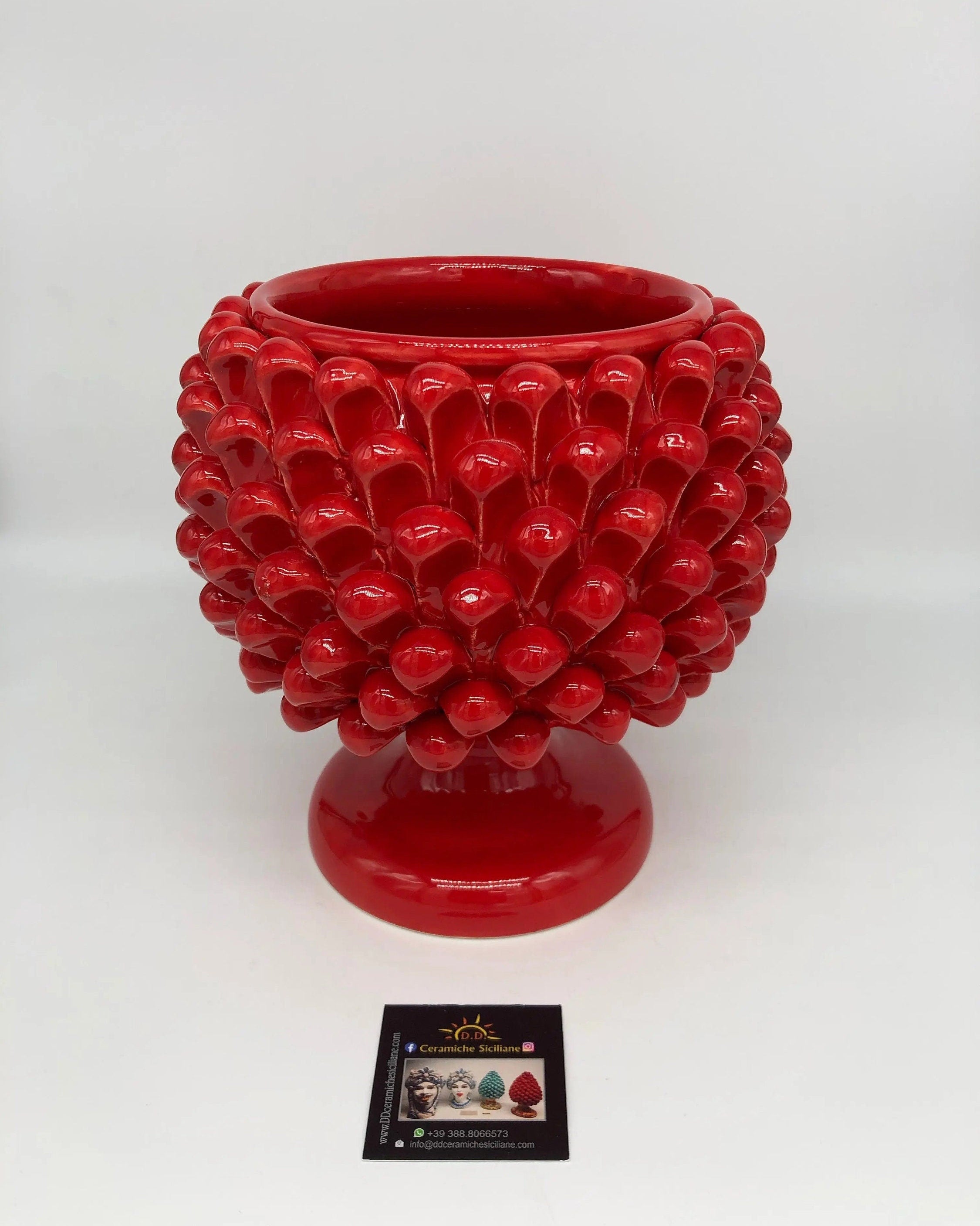 Portavaso Mezza Pigna Ceramica Caltagirone cm H.20 L.20 Artigianale Rosso DD CERAMICHE SICILIANE