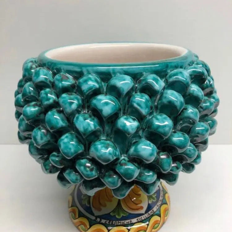 Portavaso Mezza Pigna Ceramica Caltagirone cm H.20 L.20 Artigianale Verde Acqua Base Decorata DD CERAMICHE SICILIANE