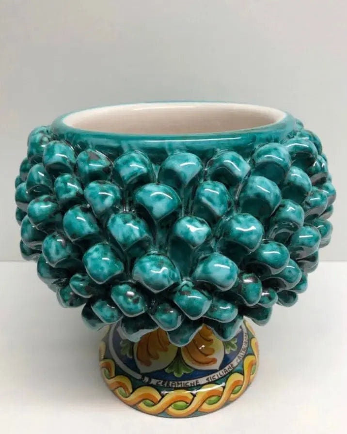 Portavaso Mezza Pigna Ceramica Caltagirone cm H.20 L.20 Artigianale Verde Acqua Base Decorata DD CERAMICHE SICILIANE
