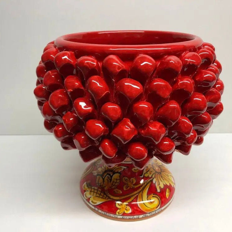 Portavaso Mezza Pigna Ceramica Caltagirone cm H.20 L.20 Artigianale Rosso Base Decorata Giglio DD CERAMICHE SICILIANE