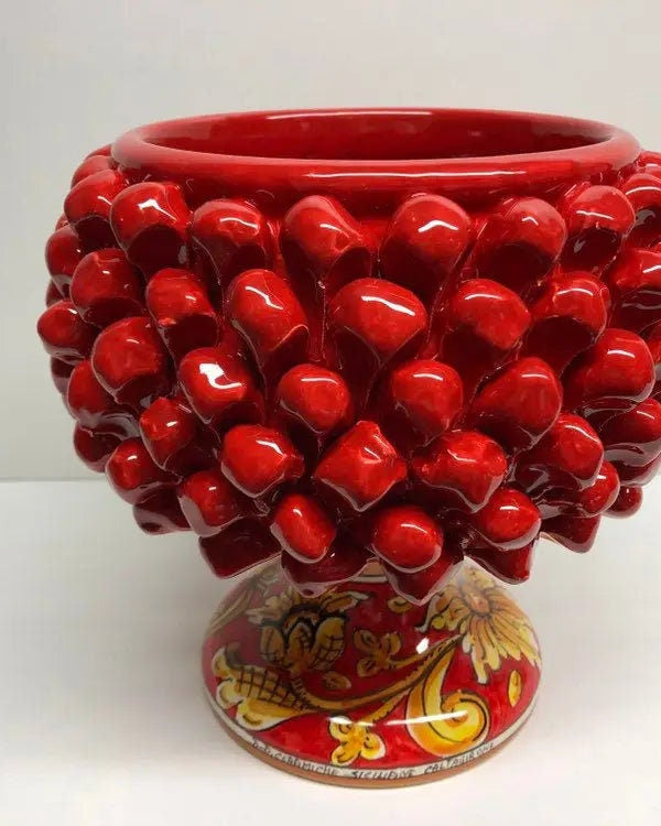 Portavaso Mezza Pigna Ceramica Caltagirone cm H.20 L.20 Artigianale Rosso Base Decorata Giglio DD CERAMICHE SICILIANE