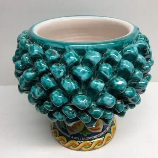 Portavaso Mezza Pigna Ceramica Caltagirone cm H.20 L.20 Artigianale Verde Acqua Base Decorata DD CERAMICHE SICILIANE