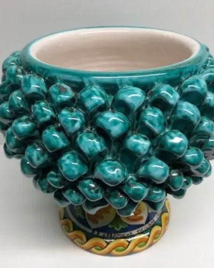 Portavaso Mezza Pigna Ceramica Caltagirone cm H.20 L.20 Artigianale Verde Acqua Base Decorata DD CERAMICHE SICILIANE