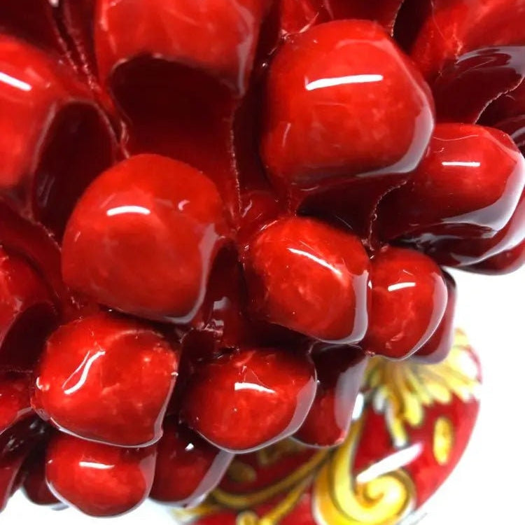 Portavaso Mezza Pigna Ceramica Caltagirone cm H.20 L.20 Artigianale Rosso Base Decorata Giglio DD CERAMICHE SICILIANE