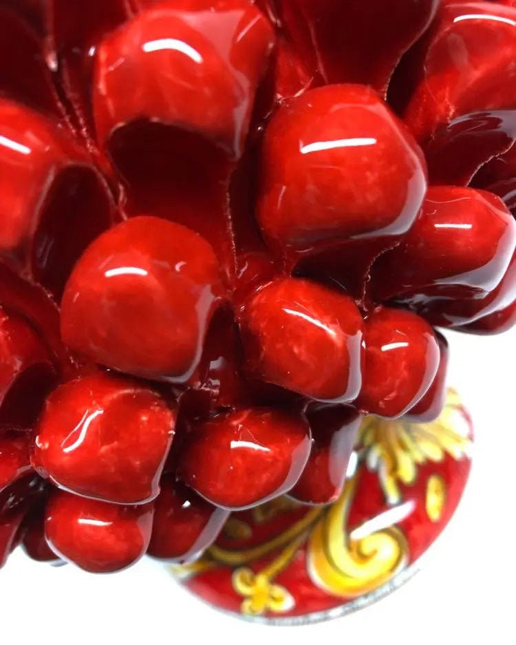 Portavaso Mezza Pigna Ceramica Caltagirone cm H.20 L.20 Artigianale Rosso Base Decorata Giglio DD CERAMICHE SICILIANE