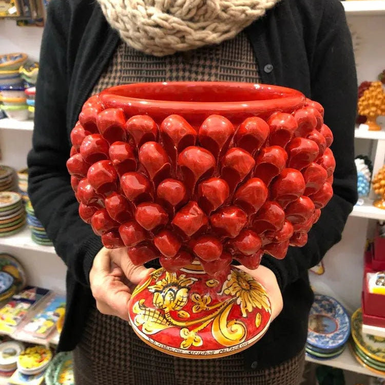 Portavaso Mezza Pigna Ceramica Caltagirone cm H.20 L.20 Artigianale Rosso Base Decorata Giglio DD CERAMICHE SICILIANE