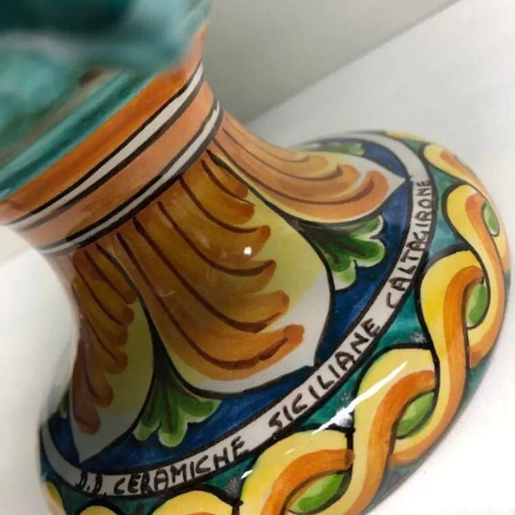 Portavaso Mezza Pigna Ceramica Caltagirone cm H.20 L.20 Artigianale Verde Acqua Base Decorata DD CERAMICHE SICILIANE