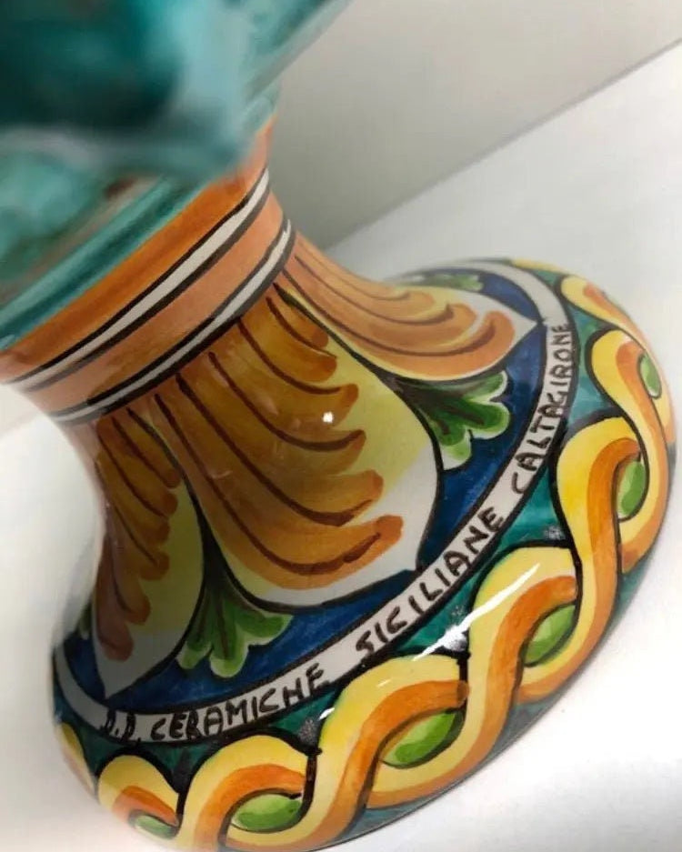 Portavaso Mezza Pigna Ceramica Caltagirone cm H.20 L.20 Artigianale Verde Acqua Base Decorata DD CERAMICHE SICILIANE