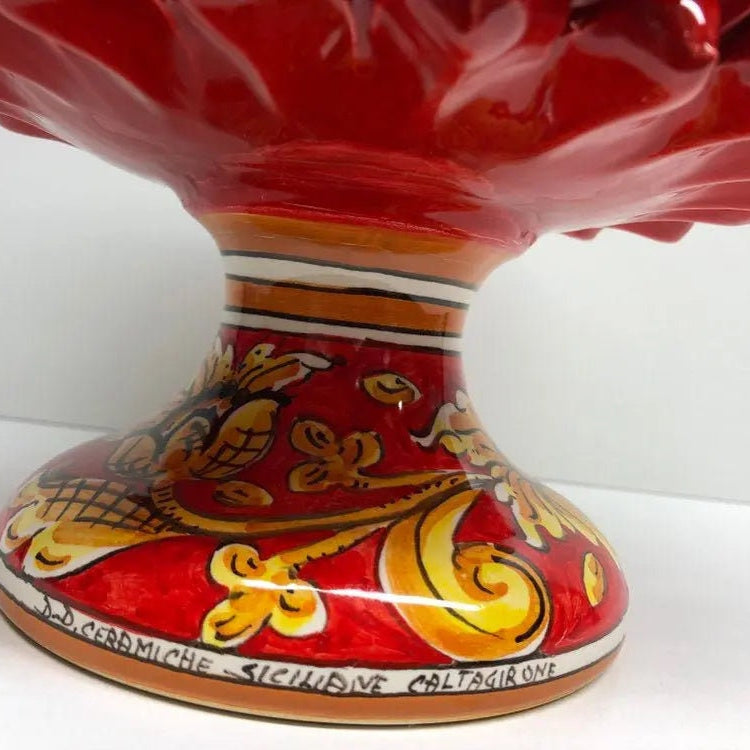 Portavaso Mezza Pigna Ceramica Caltagirone cm H.20 L.20 Artigianale Rosso Base Decorata Giglio DD CERAMICHE SICILIANE