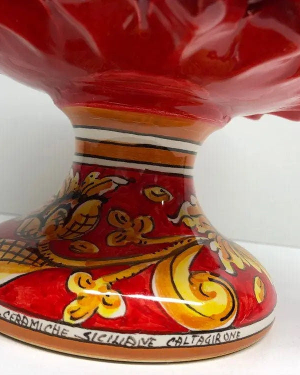 Portavaso Mezza Pigna Ceramica Caltagirone cm H.20 L.20 Artigianale Rosso Base Decorata Giglio DD CERAMICHE SICILIANE