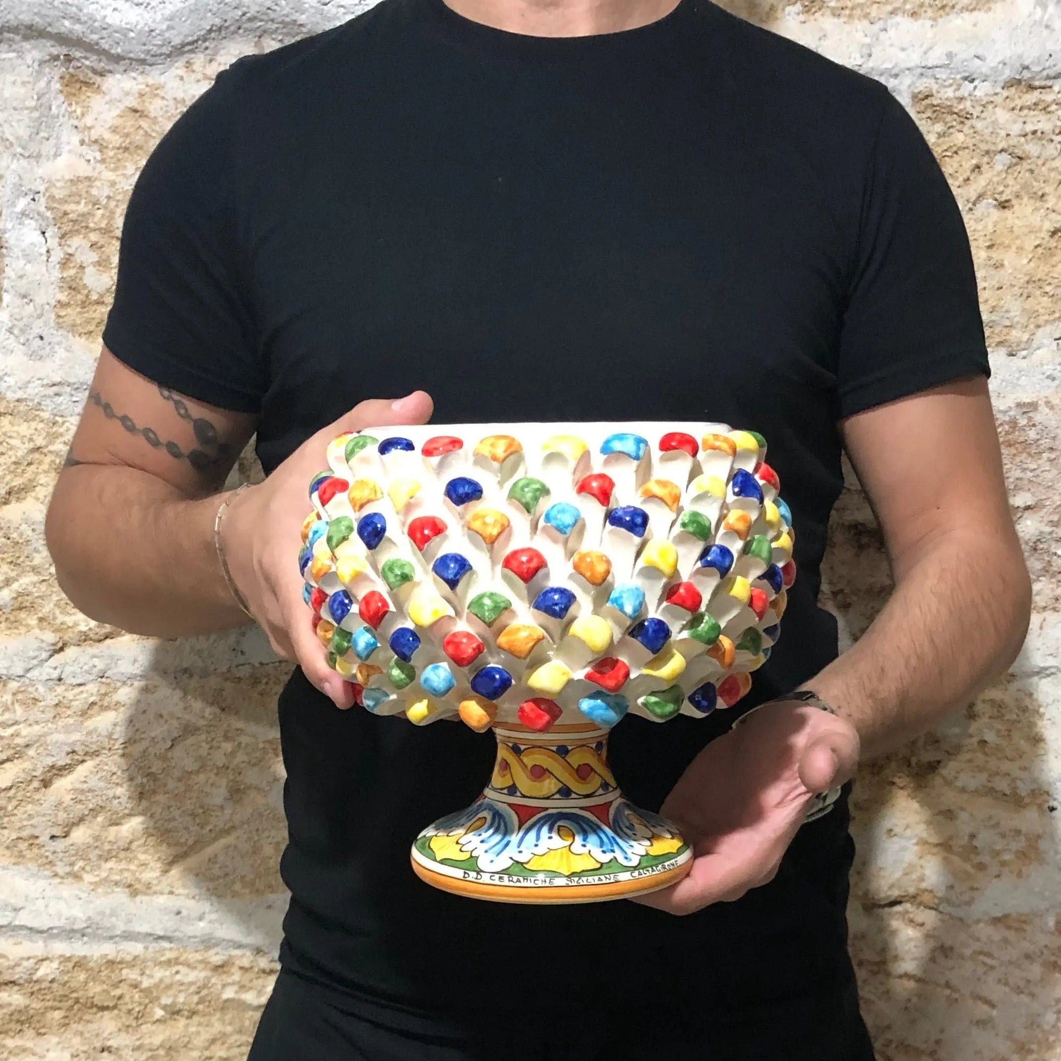 Portavaso Mezza Pigna Ceramica Caltagirone cm H.20 L.20 Artigianale Multicolore DD CERAMICHE SICILIANE