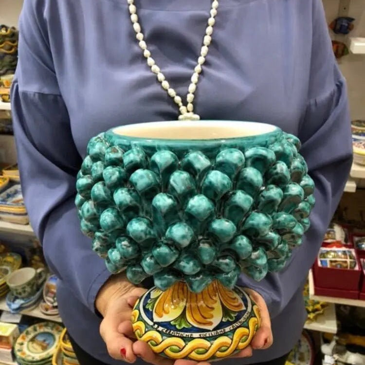 Portavaso Mezza Pigna Ceramica Caltagirone cm H.20 L.20 Artigianale Verde Acqua Base Decorata DD CERAMICHE SICILIANE