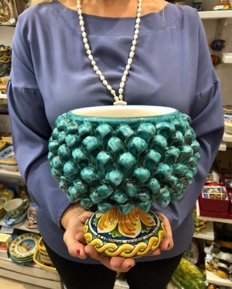 Portavaso Mezza Pigna Ceramica Caltagirone cm H.20 L.20 Artigianale Verde Acqua Base Decorata DD CERAMICHE SICILIANE