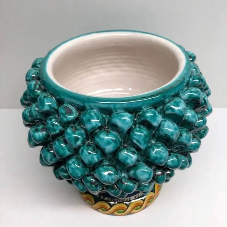 Portavaso Mezza Pigna Ceramica Caltagirone cm H.20 L.20 Artigianale Verde Acqua Base Decorata DD CERAMICHE SICILIANE