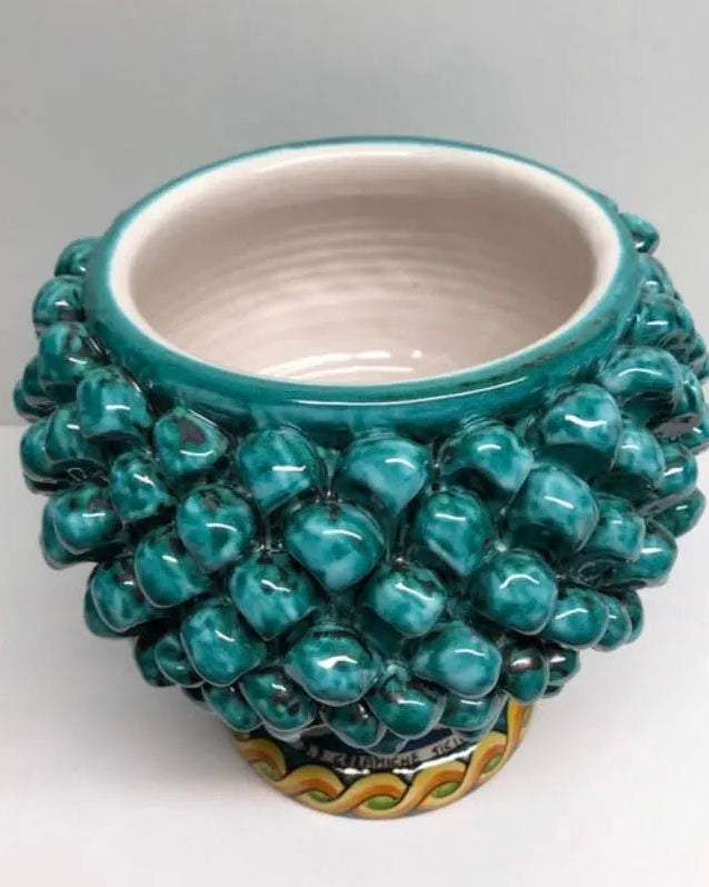 Portavaso Mezza Pigna Ceramica Caltagirone cm H.20 L.20 Artigianale Verde Acqua Base Decorata DD CERAMICHE SICILIANE