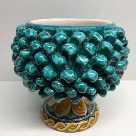 Portavaso Mezza Pigna Ceramica Caltagirone cm H.20 L.20 Artigianale Verde Acqua Base Decorata DD CERAMICHE SICILIANE