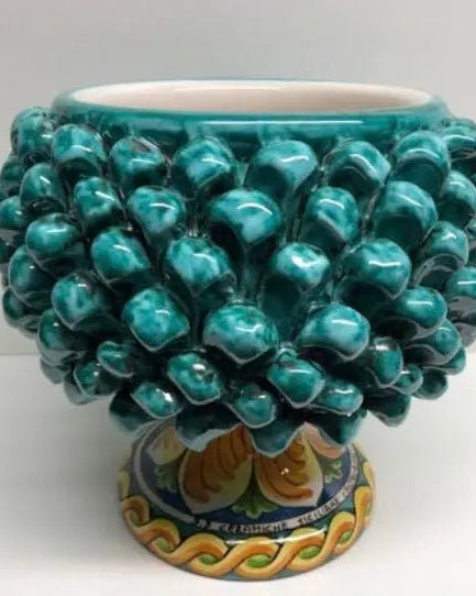 Portavaso Mezza Pigna Ceramica Caltagirone cm H.20 L.20 Artigianale Verde Acqua Base Decorata DD CERAMICHE SICILIANE