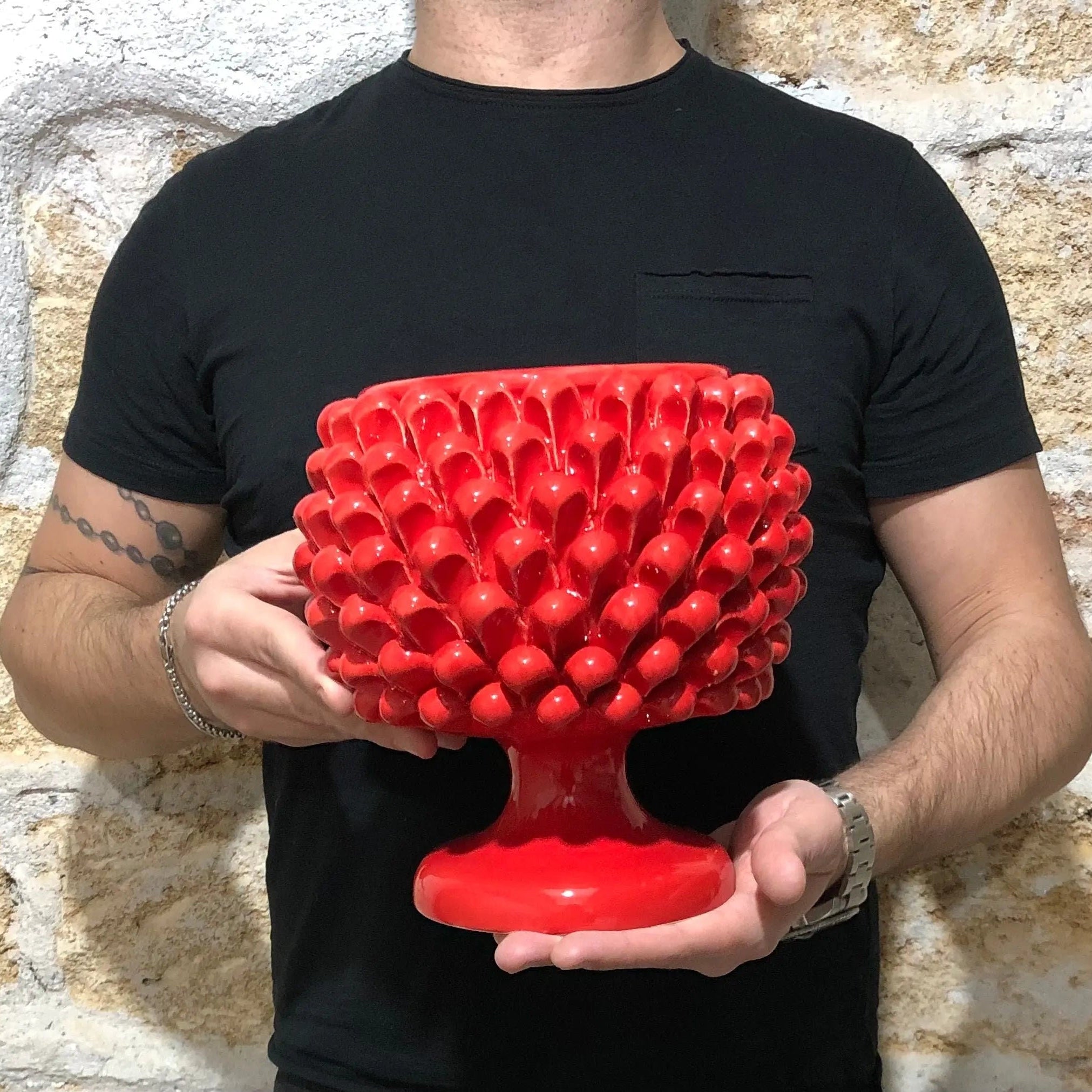 Portavaso Mezza Pigna Ceramica Caltagirone cm H.20 L.20 Artigianale Rosso DD CERAMICHE SICILIANE