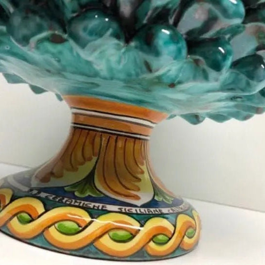 Portavaso Mezza Pigna Ceramica Caltagirone cm H.20 L.20 Artigianale Verde Acqua Base Decorata DD CERAMICHE SICILIANE