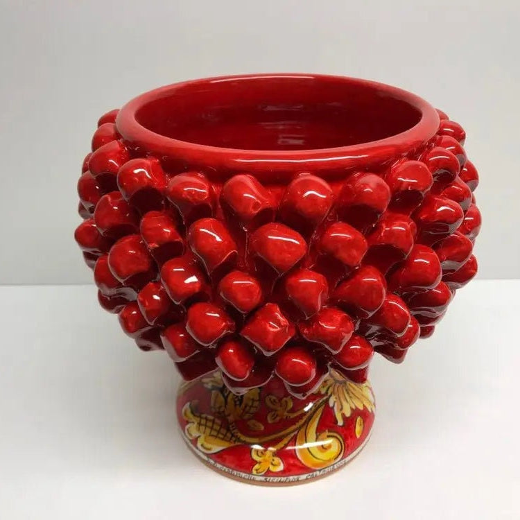 Portavaso Mezza Pigna Ceramica Caltagirone cm H.20 L.20 Artigianale Rosso Base Decorata Giglio DD CERAMICHE SICILIANE