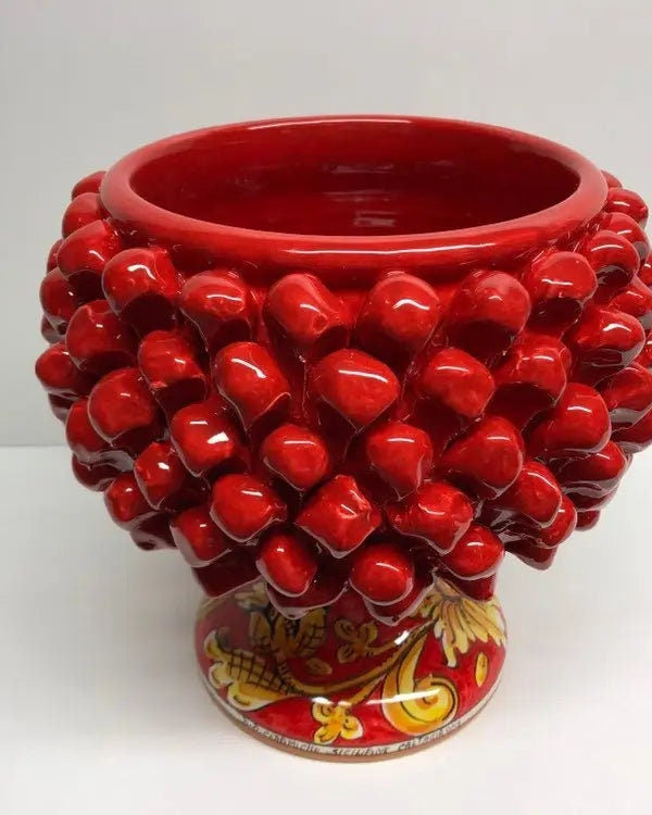 Portavaso Mezza Pigna Ceramica Caltagirone cm H.20 L.20 Artigianale Rosso Base Decorata Giglio DD CERAMICHE SICILIANE
