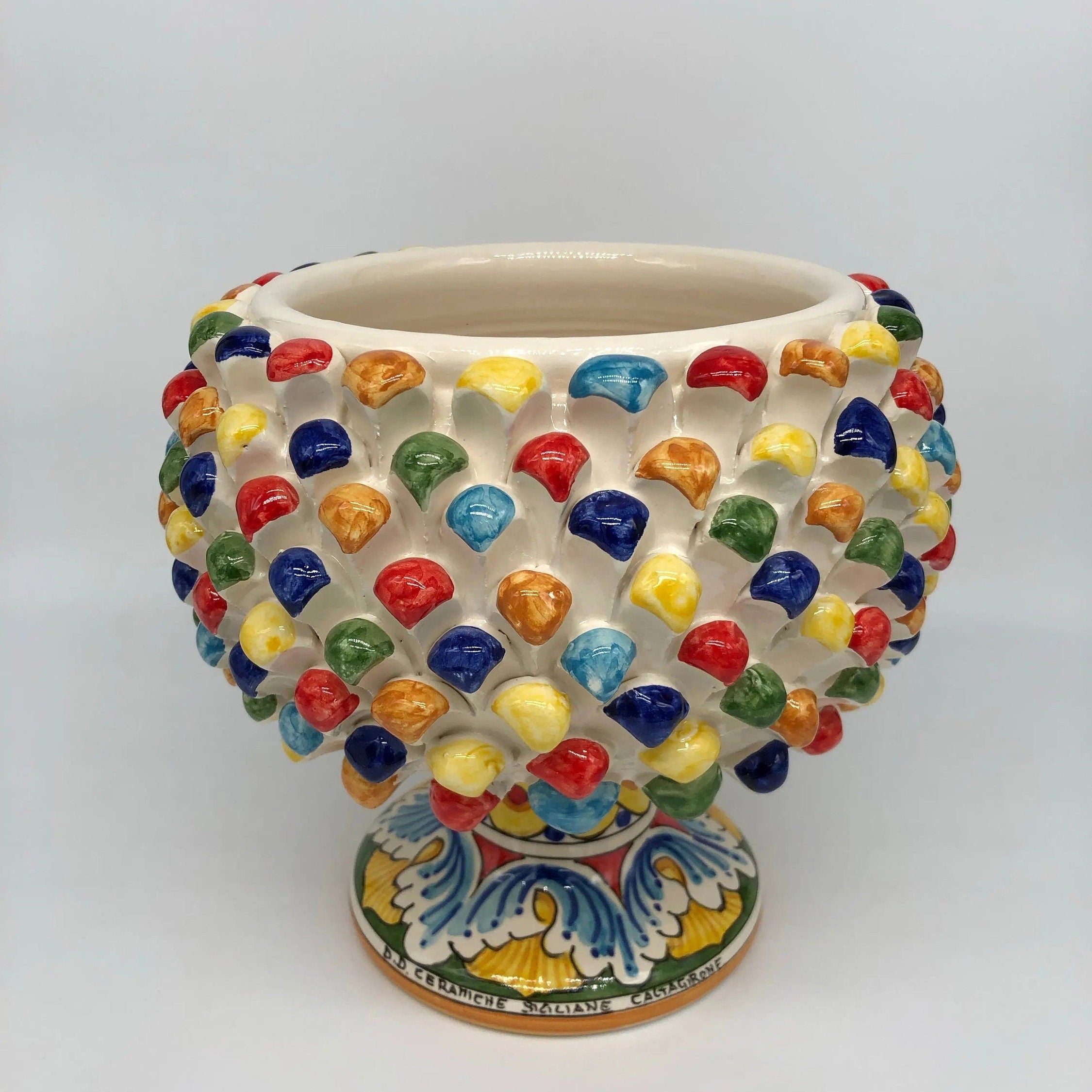 Portavaso Mezza Pigna Ceramica Caltagirone cm H.20 L.20 Artigianale Multicolore DD CERAMICHE SICILIANE