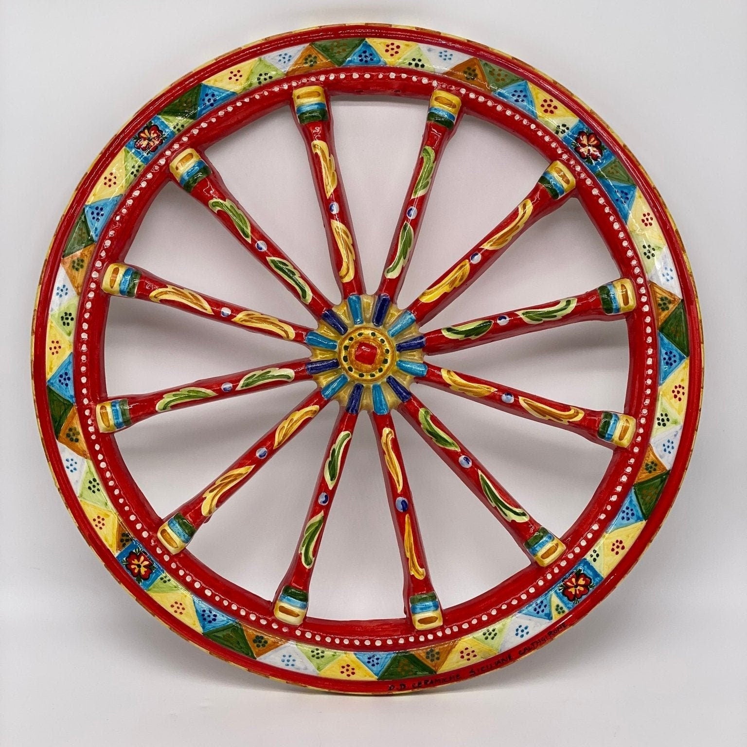 Ruota Carretto Siciliano Ceramica Caltagirone Diametro 30 cm Artigianale Decorata - DD CERAMICHE SICILIANE