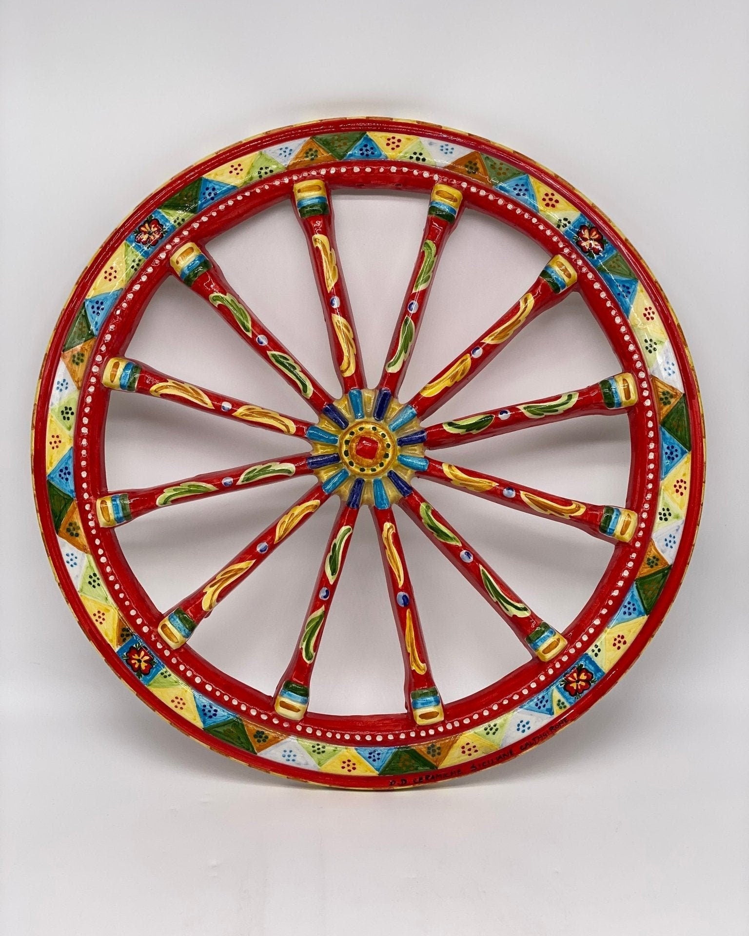 Ruota Carretto Siciliano Ceramica Caltagirone Diametro 30 cm Artigianale Decorata - DD CERAMICHE SICILIANE