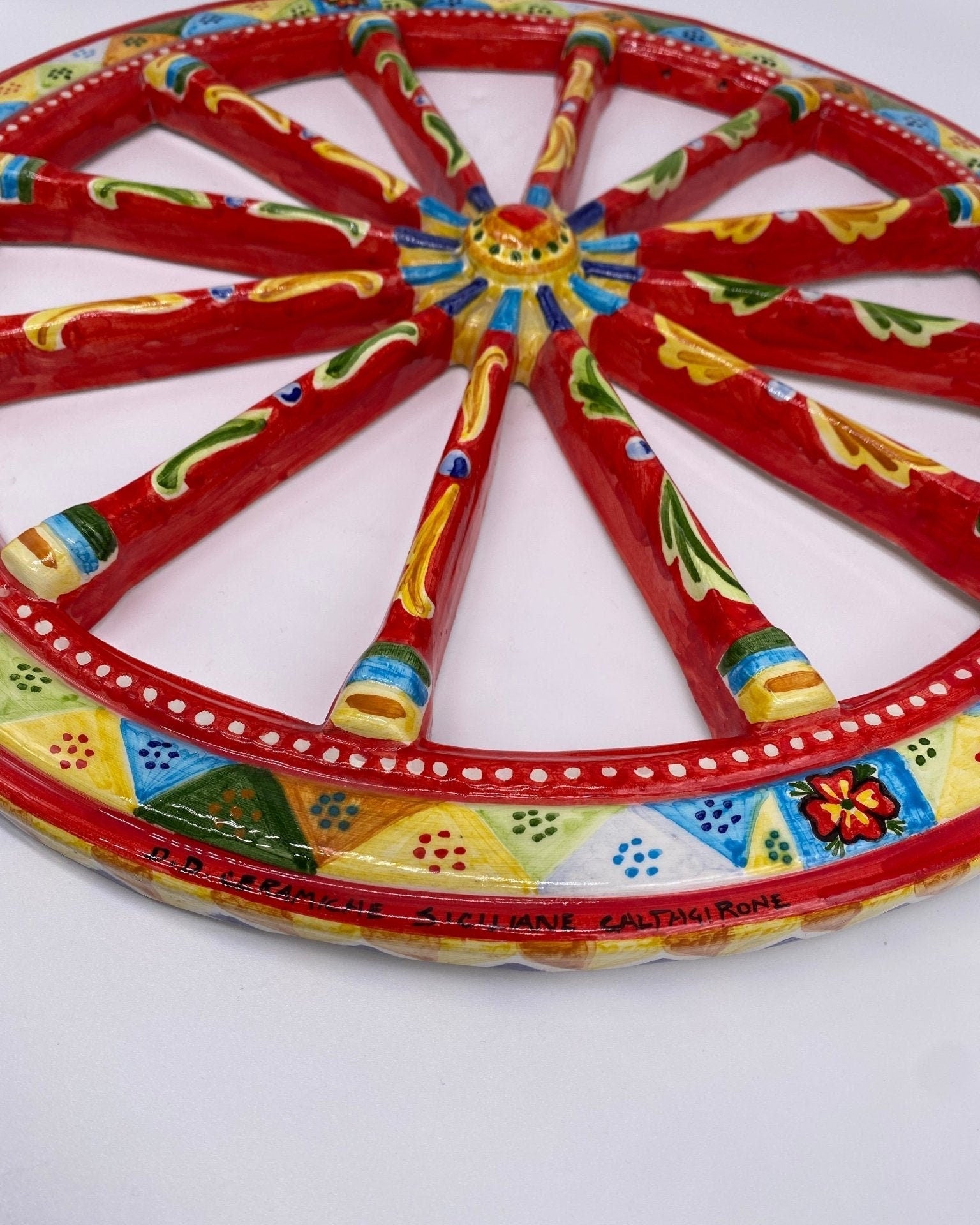 Ruota Carretto Siciliano Ceramica Caltagirone Diametro 30 cm Artigianale Decorata - DD CERAMICHE SICILIANE