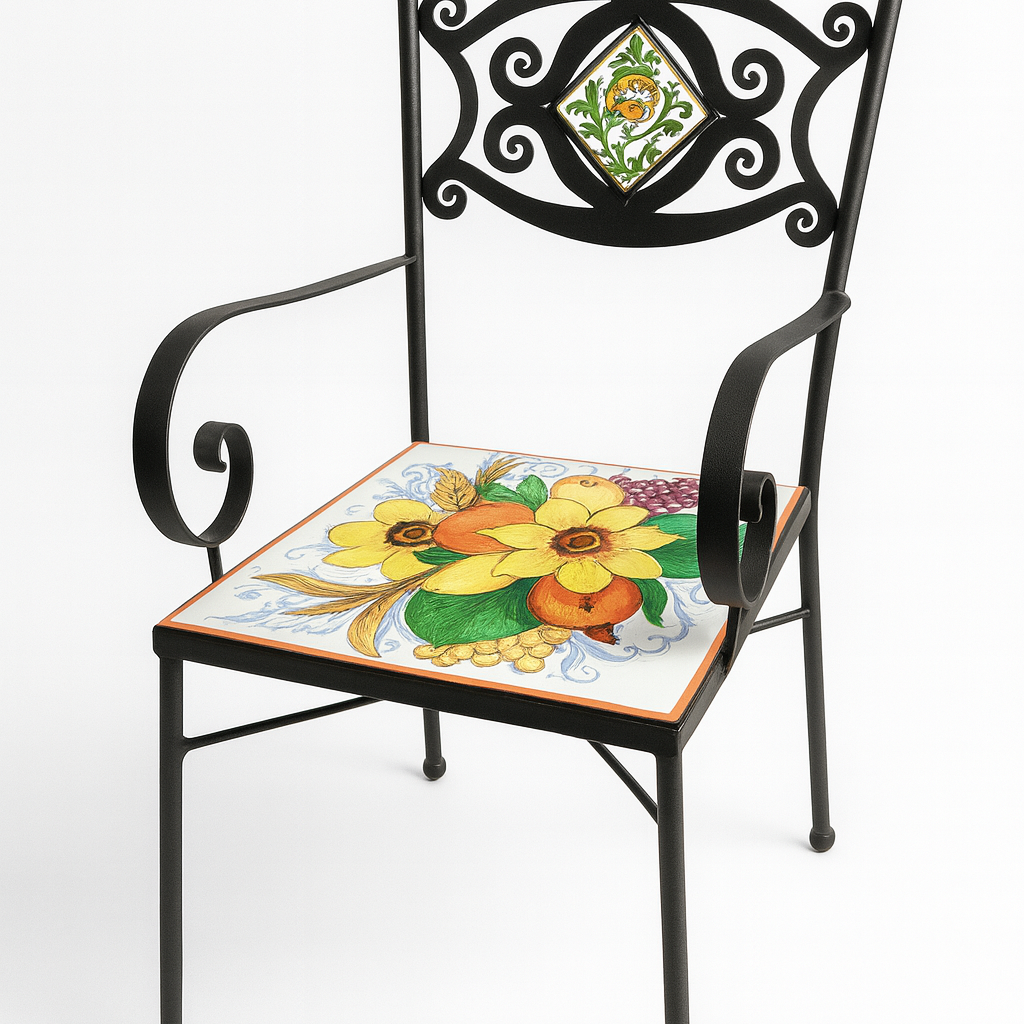 Sedia in Ferro Battuto con Pietra Lavica e Mattonella e Braccioli - SEDIE