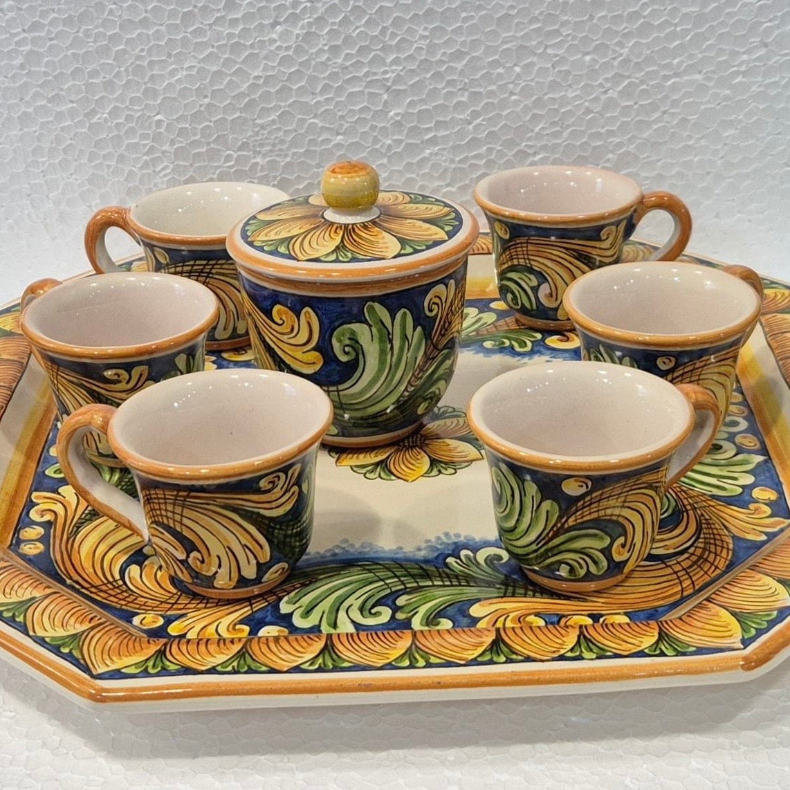 Set 6 tazzine da caffè con Vassoio e Zuccheriera Ceramica Caltagirone decorata a mano V.2 - MADE IN SICILY