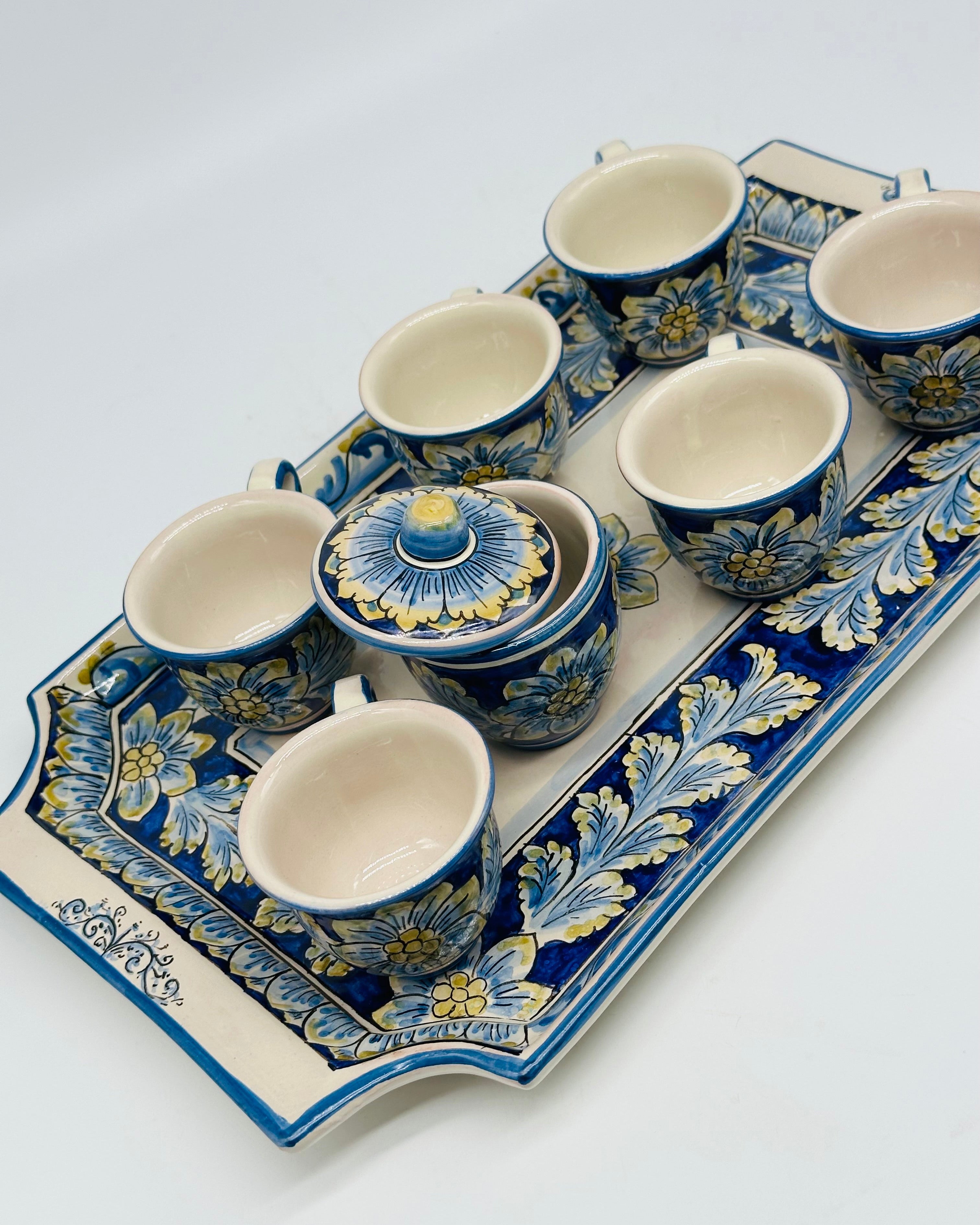 Set 6 tazzine da caffè con Vassoio e Zuccheriera Ceramica Caltagirone decorata a mano - MADE IN SICILY